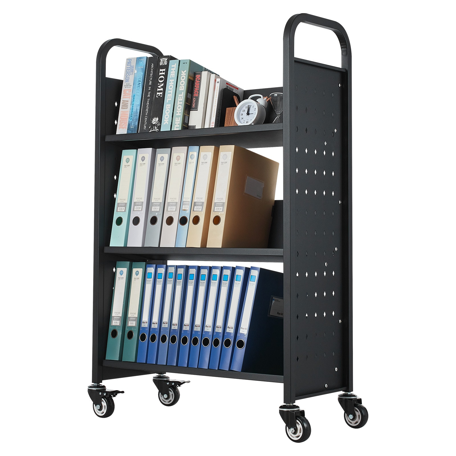 3-tier Rolling Book Cart With V-shaped Shelves In Black_voghion.com